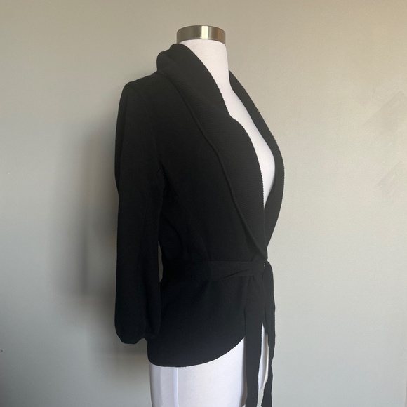 BCBG Maxazria Open Sweater Women Black 100% Merino Wool Belted Kimono Cardigan S - Picture 3 of 11